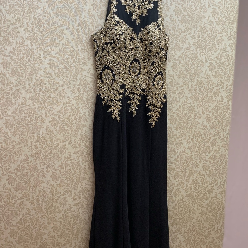Xscape Gold and Black Gown dress with lace, sequins and pearls.